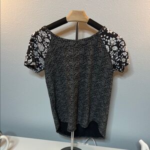 Lucky Brand Gray Asymmetrical Blouse with White Short Sleeves